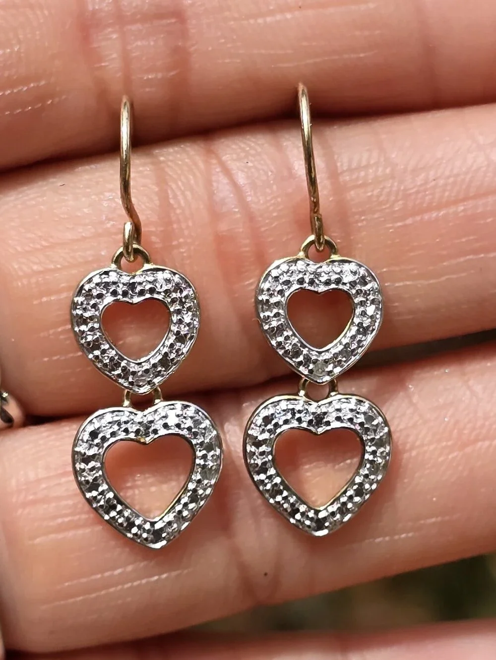 Fancy genuine diamond 925 sterling silver gold vermeil double heart dangle earri